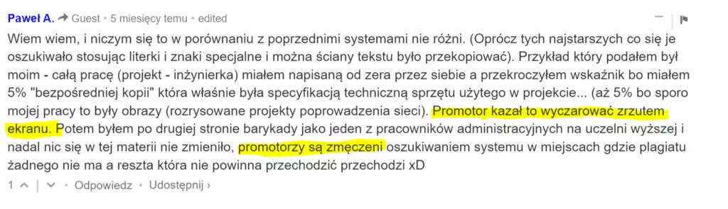 Zrzut ekranu postu w którym ktoś opisuje jak ominąć system JSA