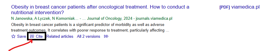 Przykład zapisu bibliograficznego na Google Scholar Gotowy zapis bibliograficzny w Google Scholar